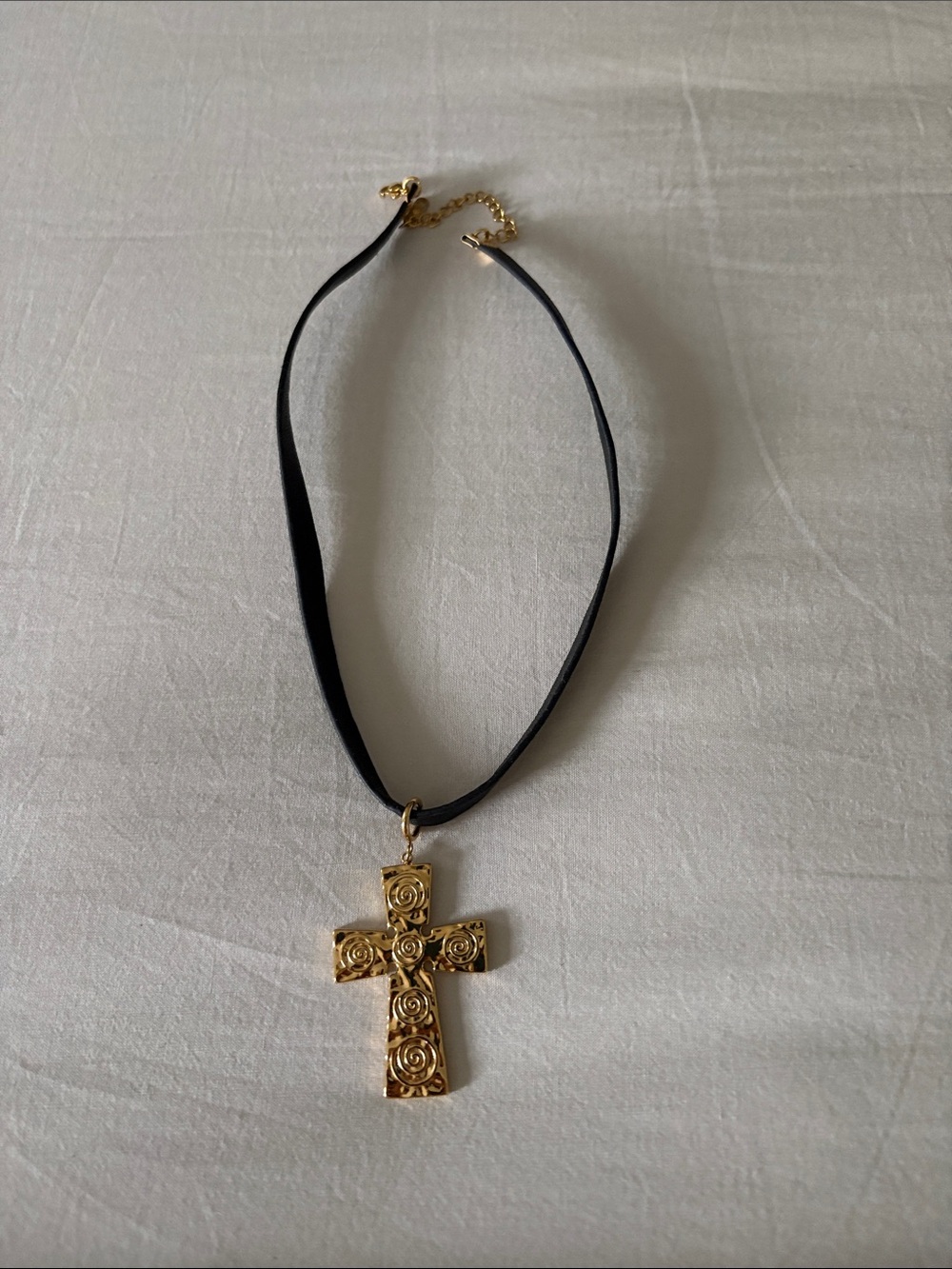 Gold Cross Pendant Choker Necklace - Black Ribbon